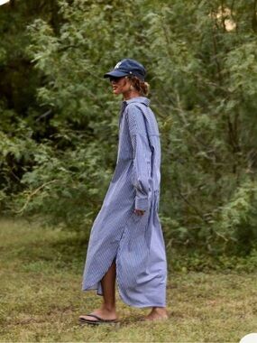 Striped Cotton Oversized Long Button-Up Shirt Dress - Neutral Stripes